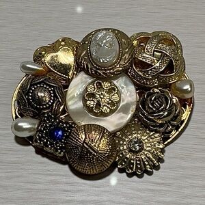 Vintage Gold-Tone Button Brooch Pearl & Rhinestone Accents Mixed Motif Design